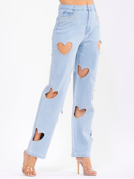 Denim - J55. Light Blue Heart-Cutout Straight Jeans